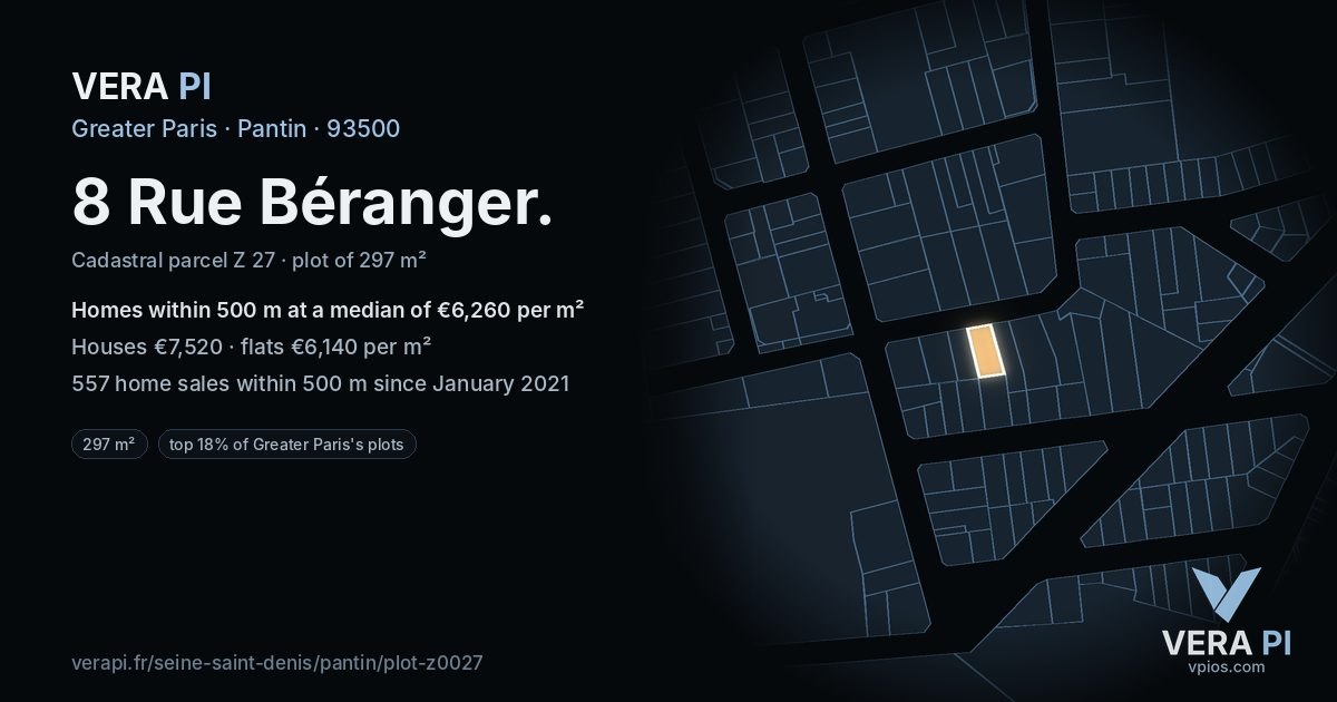 8 Rue Béranger, Pantin at night – the plot lit, the parcels around coloured by the prices near them