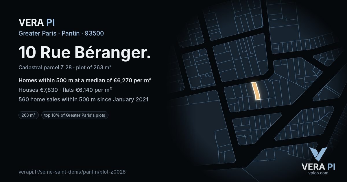 10 Rue Béranger, Pantin at night – the plot lit, the parcels around coloured by the prices near them