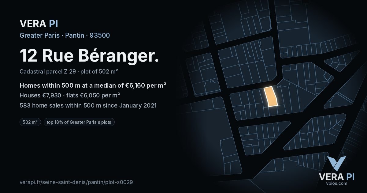 12 Rue Béranger, Pantin at night – the plot lit, the parcels around coloured by the prices near them