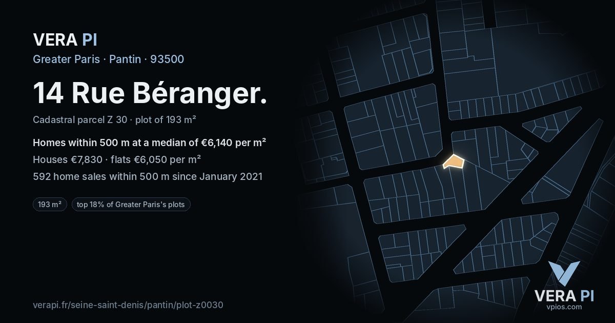 14 Rue Béranger, Pantin at night – the plot lit, the parcels around coloured by the prices near them