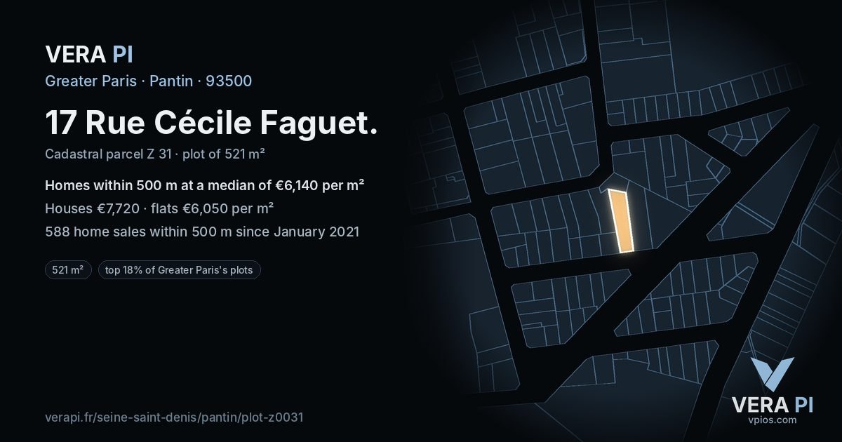 17 Rue Cécile Faguet, Pantin at night – the plot lit, the parcels around coloured by the prices near them