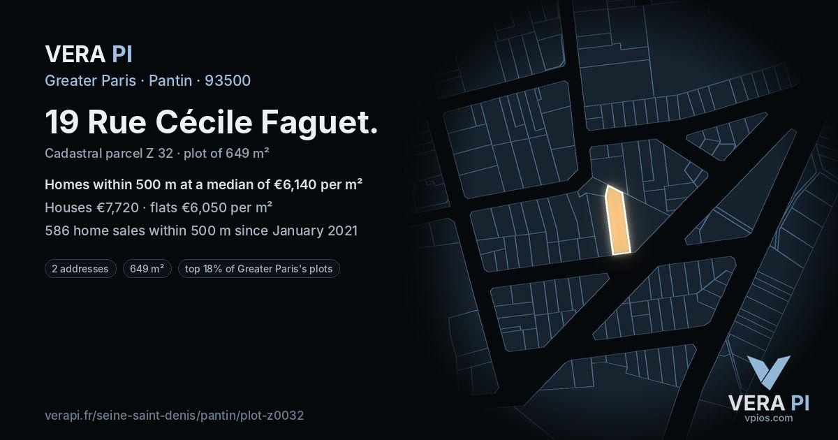 19 Rue Cécile Faguet, Pantin at night – the plot lit, the parcels around coloured by the prices near them