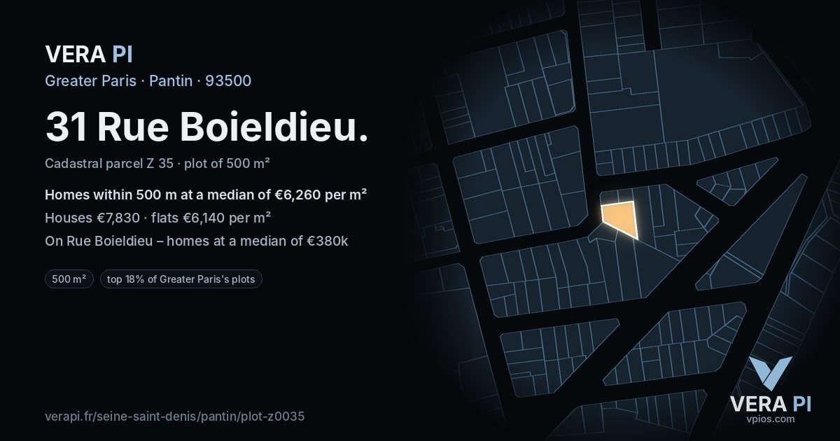 31 Rue Boieldieu, Pantin at night – the plot lit, the parcels around coloured by the prices near them