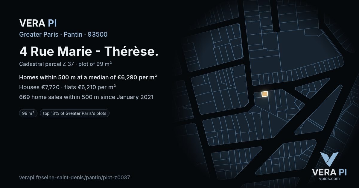4 Rue Marie - Thérèse, Pantin at night – the plot lit, the parcels around coloured by the prices near them