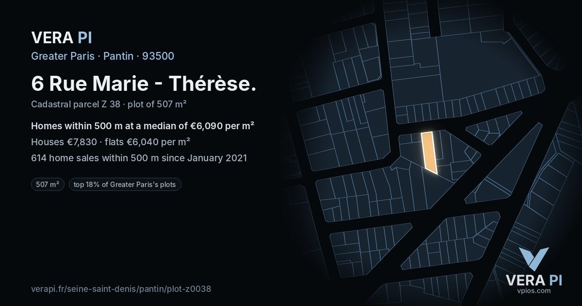 6 Rue Marie - Thérèse, Pantin at night – the plot lit, the parcels around coloured by the prices near them