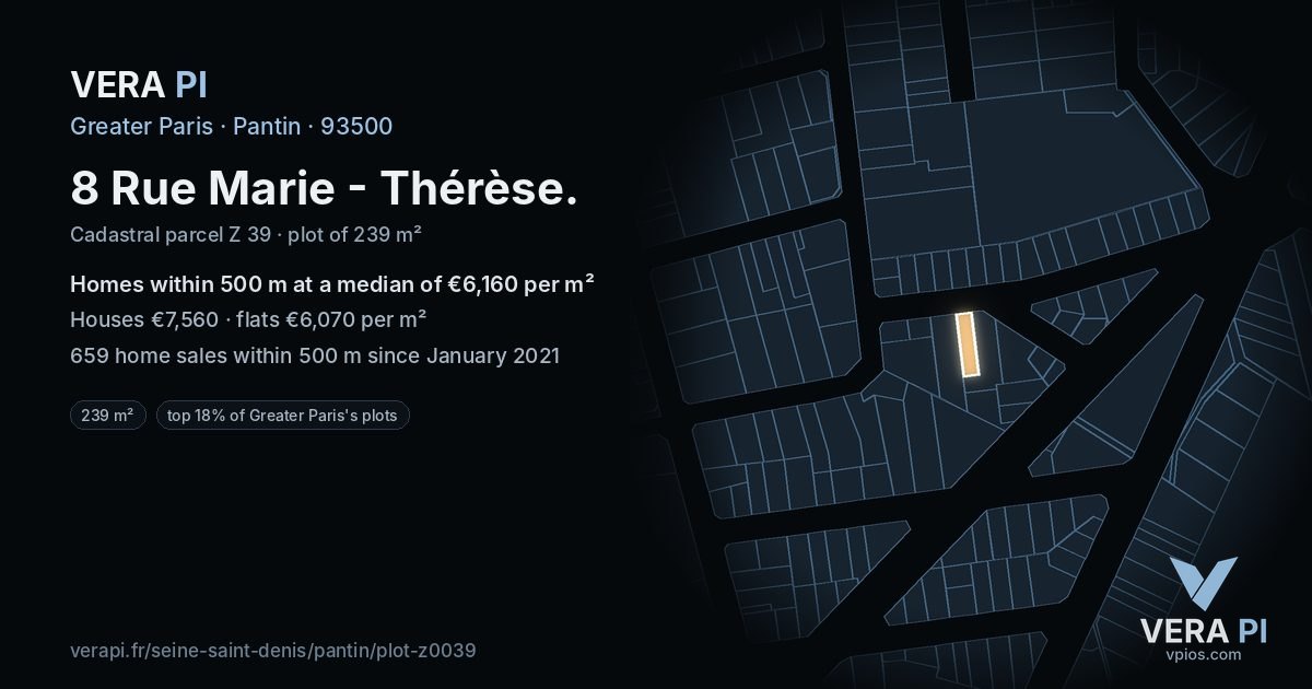 8 Rue Marie - Thérèse, Pantin at night – the plot lit, the parcels around coloured by the prices near them