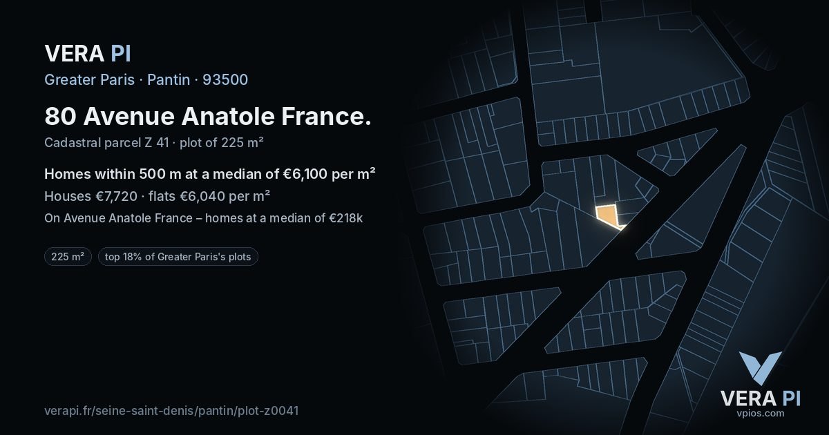 80 Avenue Anatole France, Pantin at night – the plot lit, the parcels around coloured by the prices near them