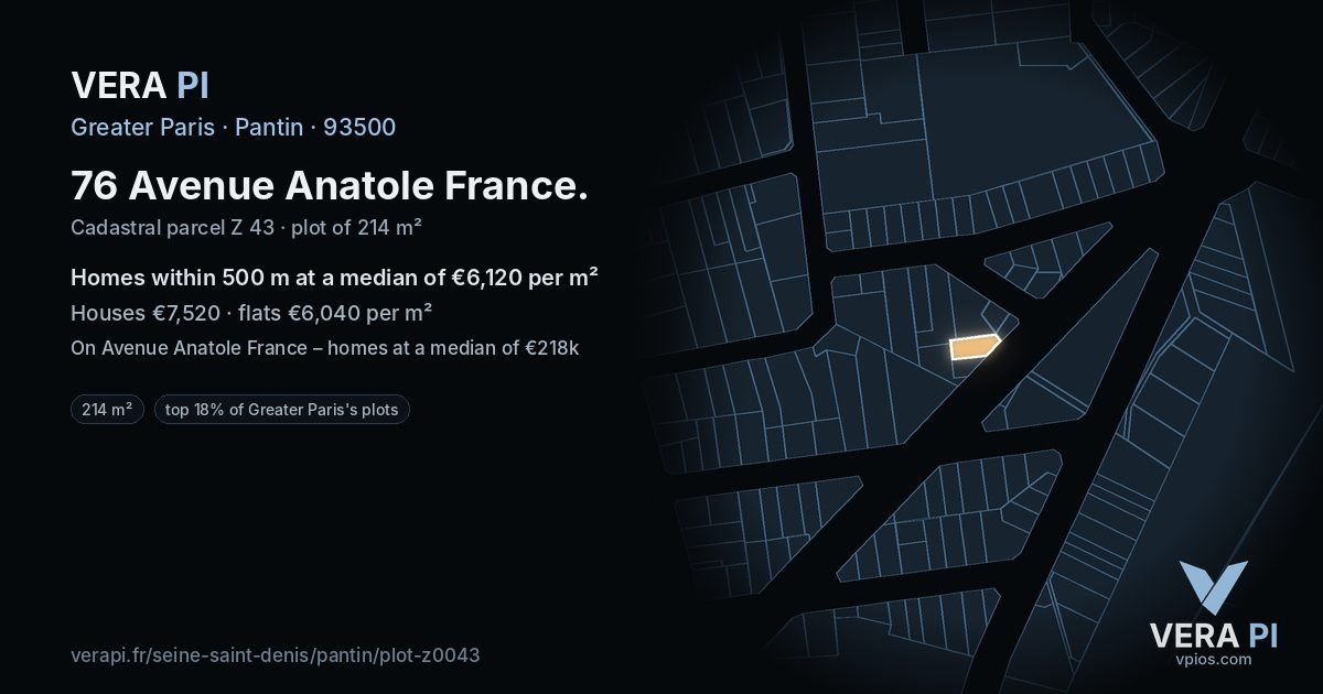 76 Avenue Anatole France, Pantin at night – the plot lit, the parcels around coloured by the prices near them