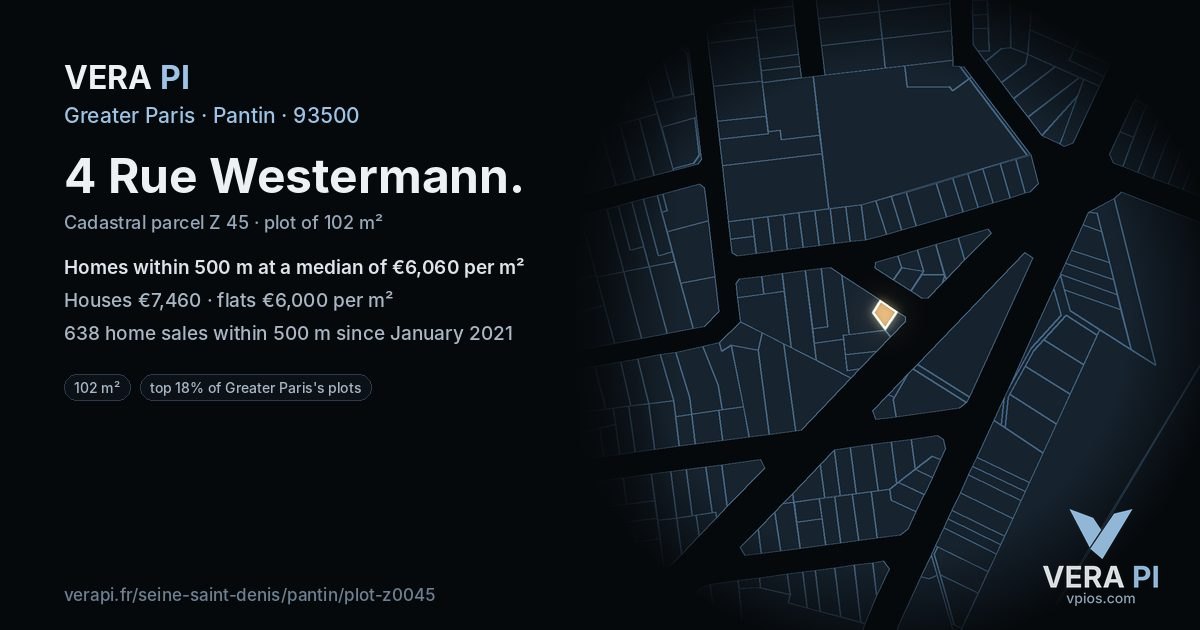 4 Rue Westermann, Pantin at night – the plot lit, the parcels around coloured by the prices near them