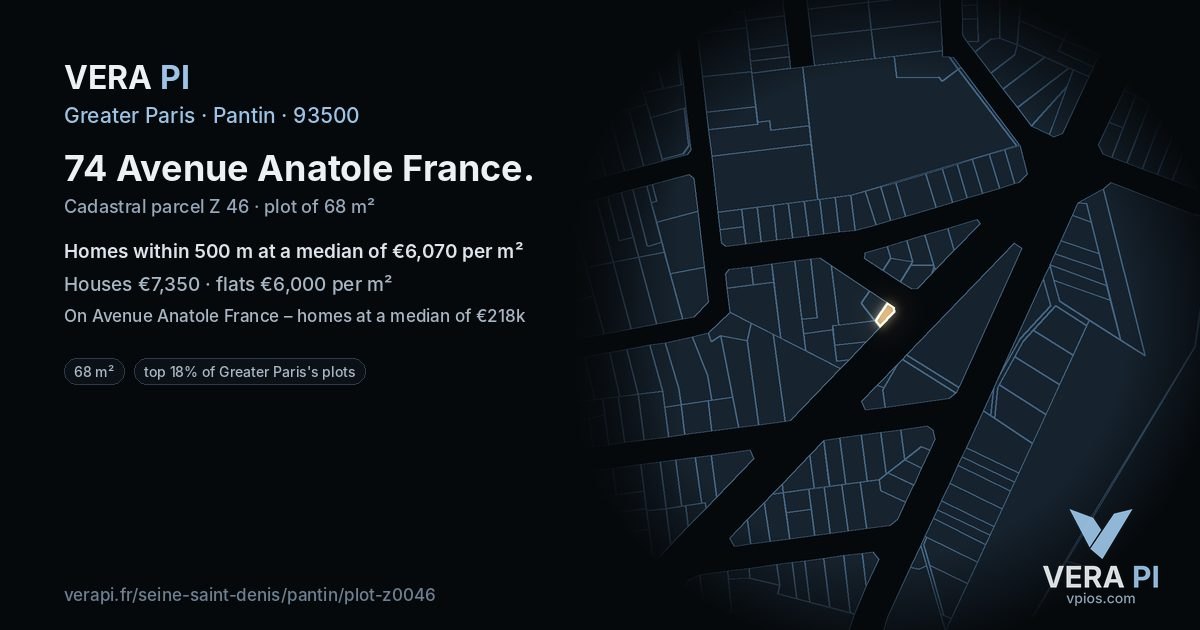 74 Avenue Anatole France, Pantin at night – the plot lit, the parcels around coloured by the prices near them