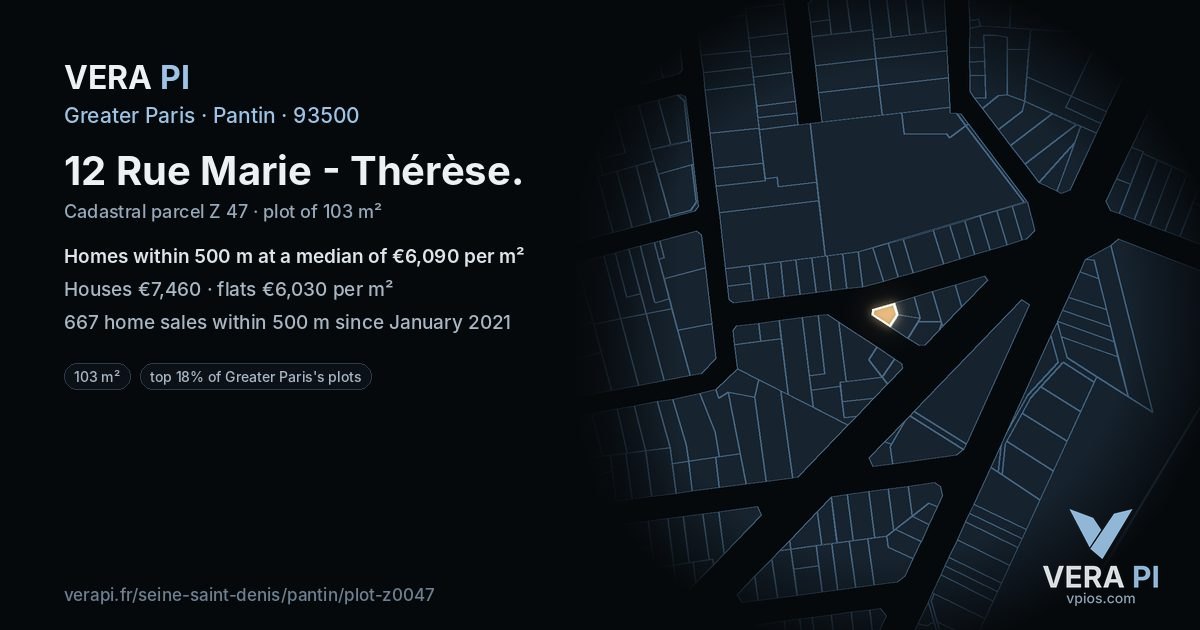 12 Rue Marie - Thérèse, Pantin at night – the plot lit, the parcels around coloured by the prices near them