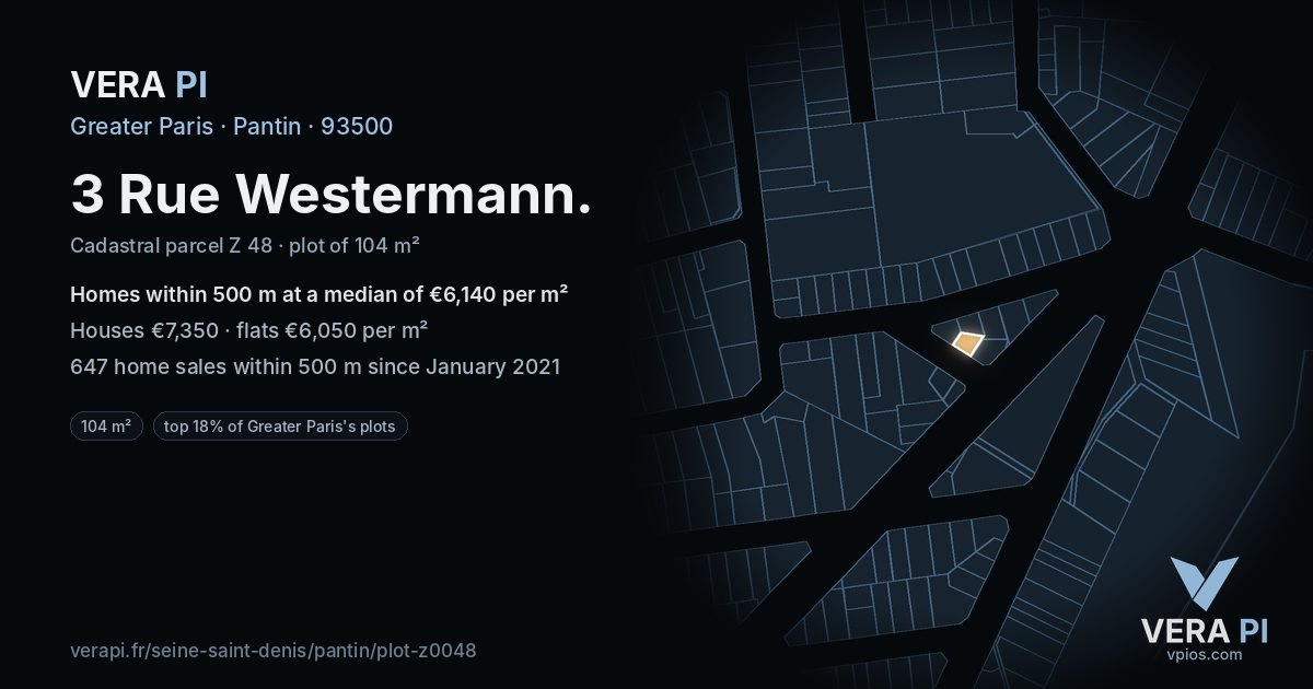 3 Rue Westermann, Pantin at night – the plot lit, the parcels around coloured by the prices near them