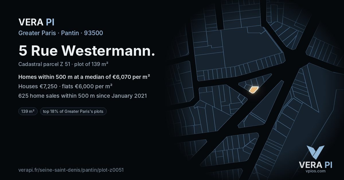 5 Rue Westermann, Pantin at night – the plot lit, the parcels around coloured by the prices near them