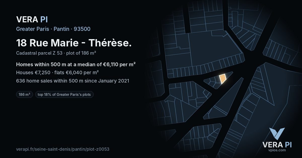18 Rue Marie - Thérèse, Pantin at night – the plot lit, the parcels around coloured by the prices near them