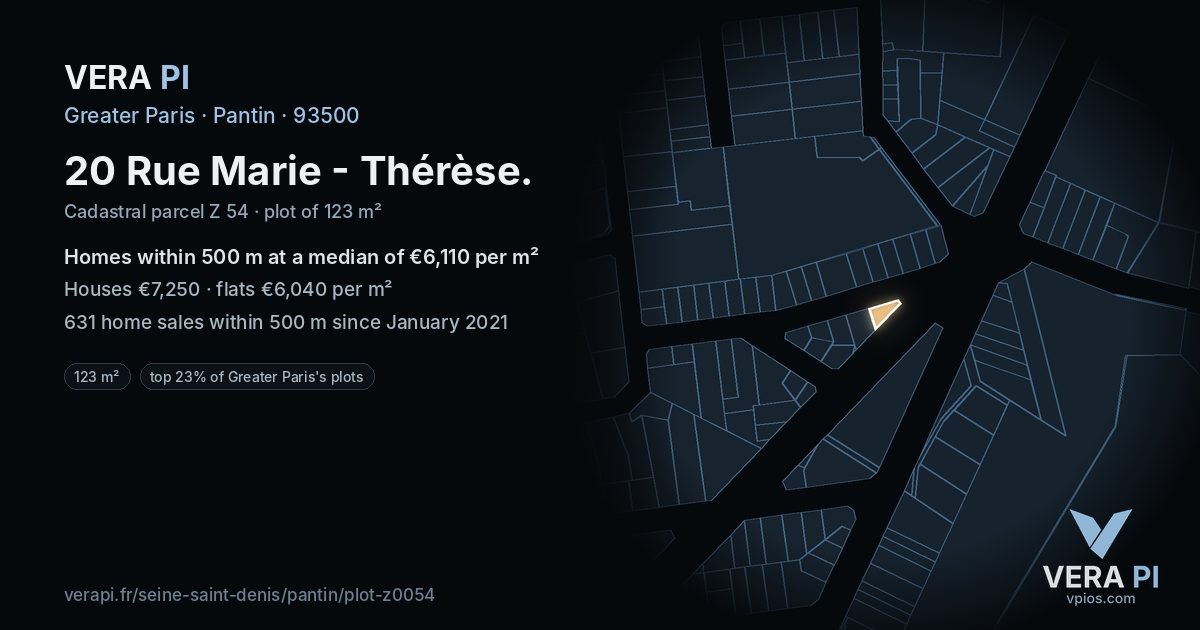 20 Rue Marie - Thérèse, Pantin at night – the plot lit, the parcels around coloured by the prices near them