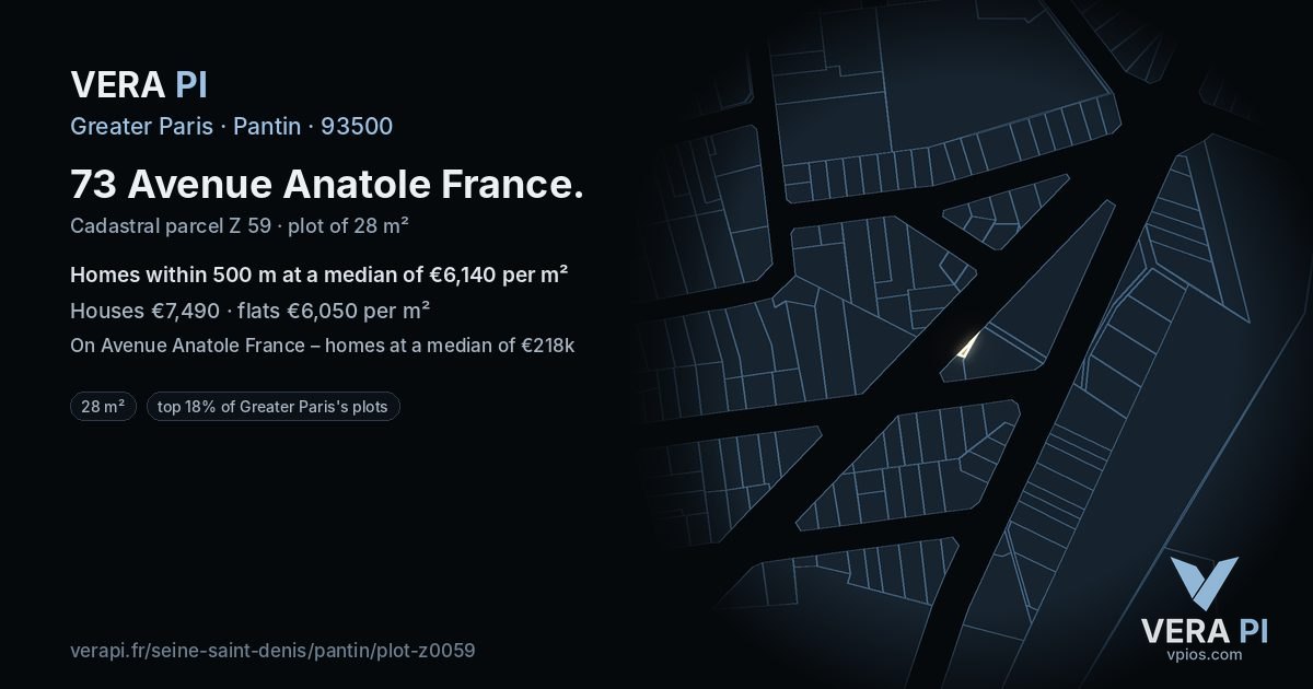 73 Avenue Anatole France, Pantin at night – the plot lit, the parcels around coloured by the prices near them