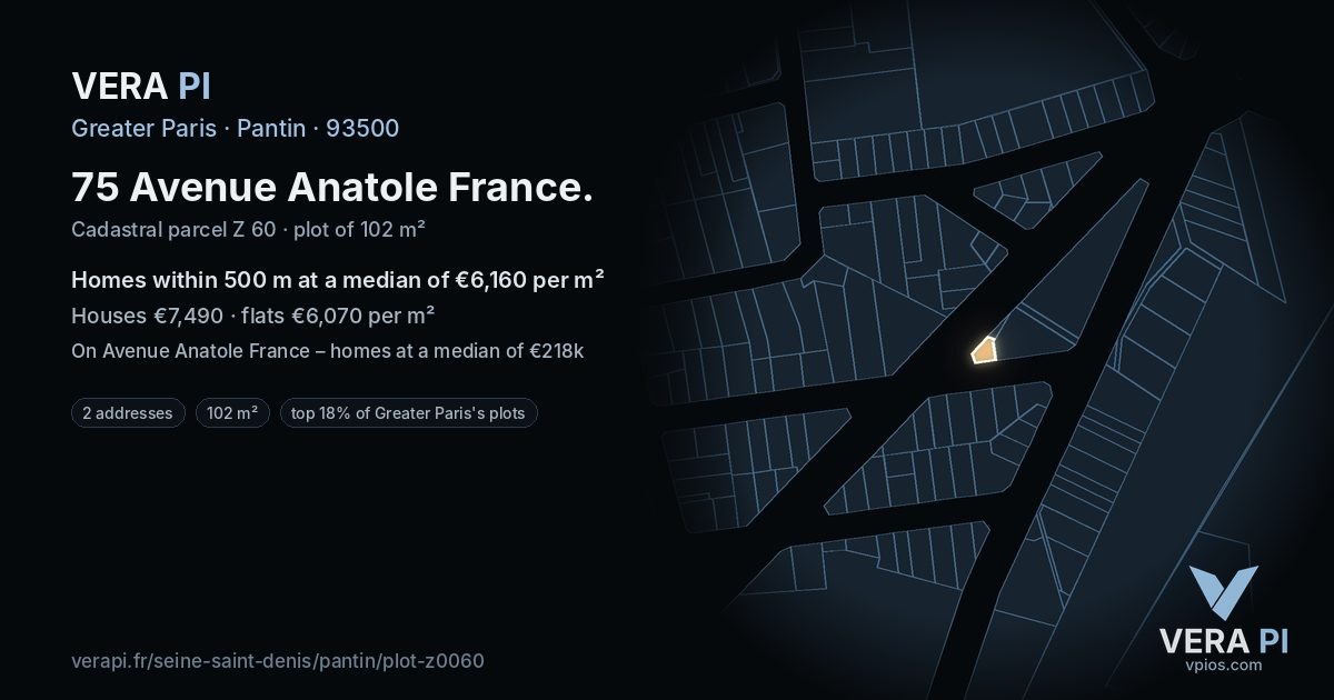 75 Avenue Anatole France, Pantin at night – the plot lit, the parcels around coloured by the prices near them