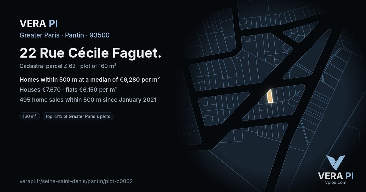 22 Rue Cécile Faguet, Pantin at night – the plot lit, the parcels around coloured by the prices near them