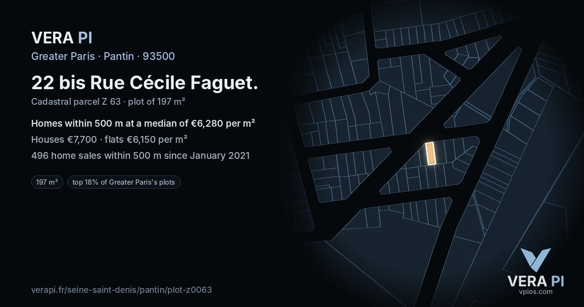 22 bis Rue Cécile Faguet, Pantin at night – the plot lit, the parcels around coloured by the prices near them