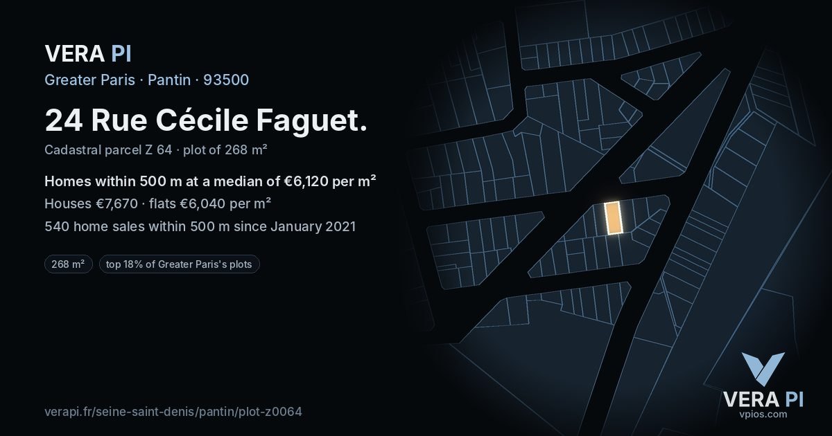 24 Rue Cécile Faguet, Pantin at night – the plot lit, the parcels around coloured by the prices near them