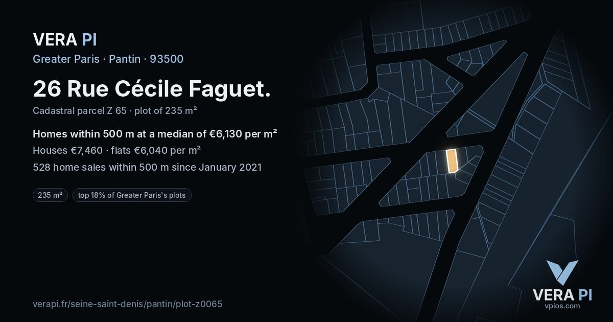 26 Rue Cécile Faguet, Pantin at night – the plot lit, the parcels around coloured by the prices near them