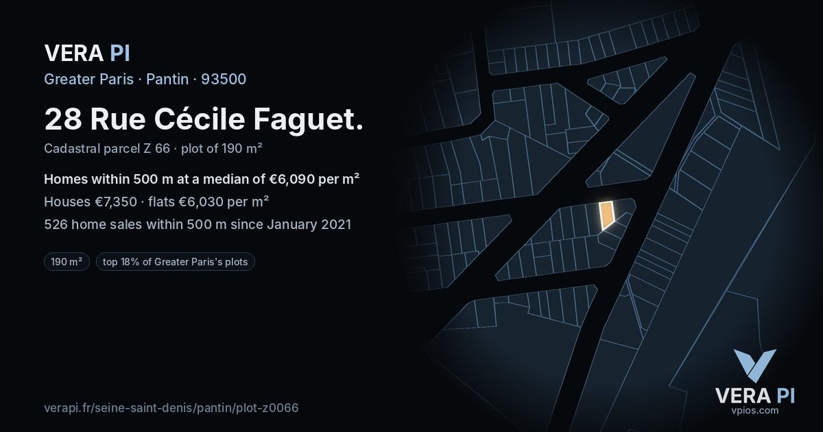 28 Rue Cécile Faguet, Pantin at night – the plot lit, the parcels around coloured by the prices near them