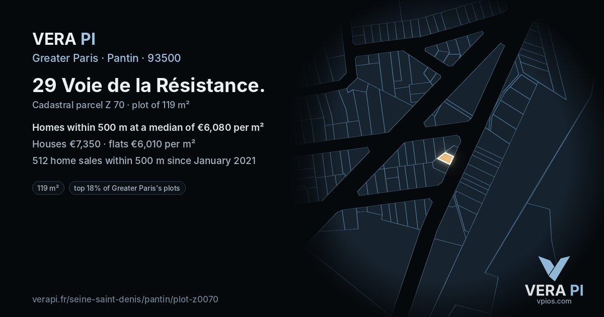 29 Voie de la Résistance, Pantin at night – the plot lit, the parcels around coloured by the prices near them