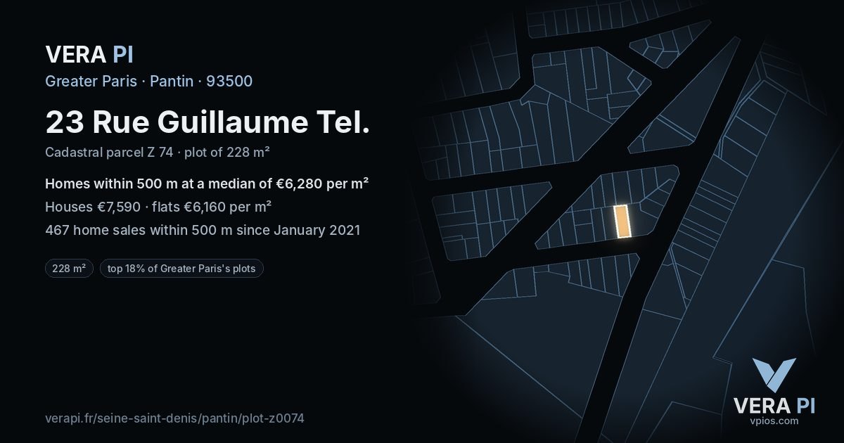 23 Rue Guillaume Tel, Pantin at night – the plot lit, the parcels around coloured by the prices near them