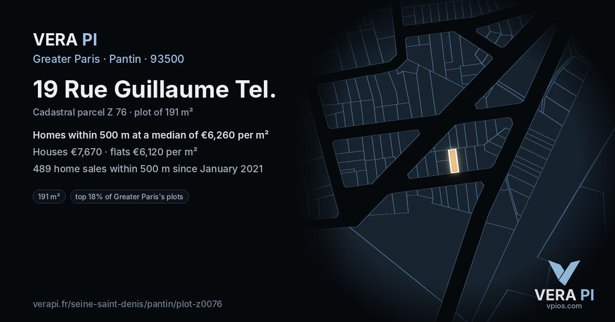 19 Rue Guillaume Tel, Pantin at night – the plot lit, the parcels around coloured by the prices near them