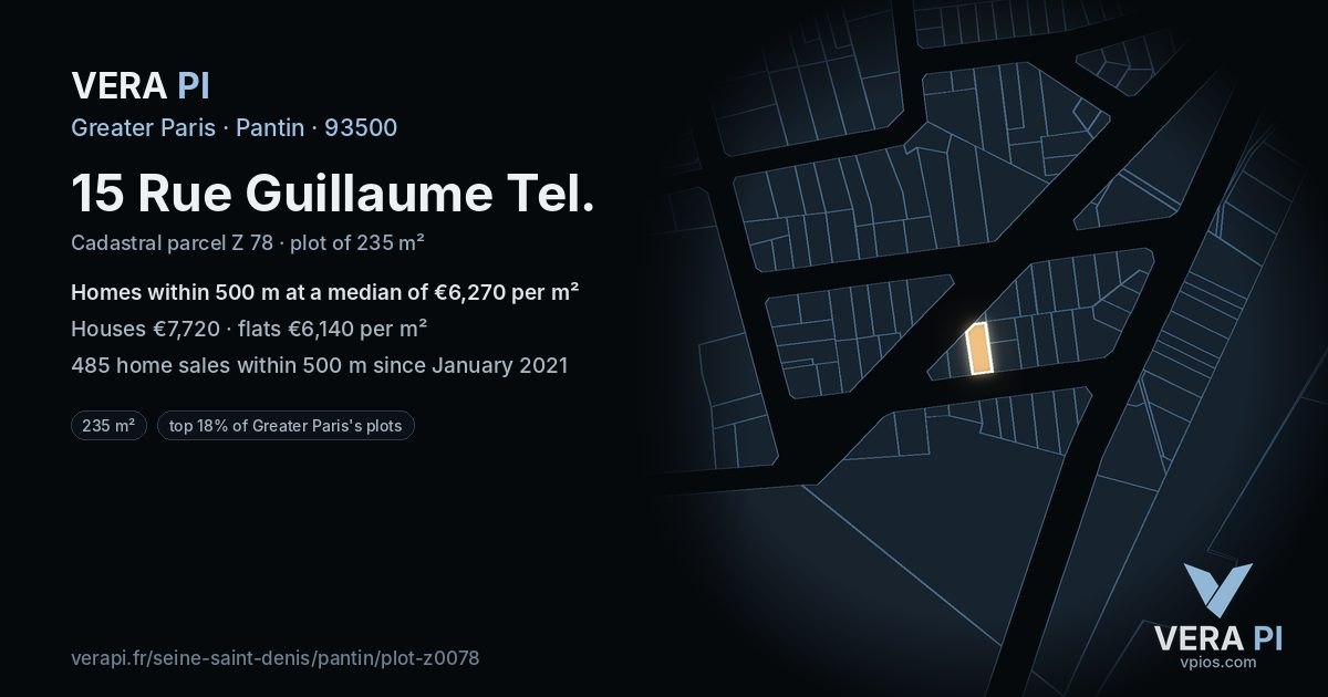 15 Rue Guillaume Tel, Pantin at night – the plot lit, the parcels around coloured by the prices near them