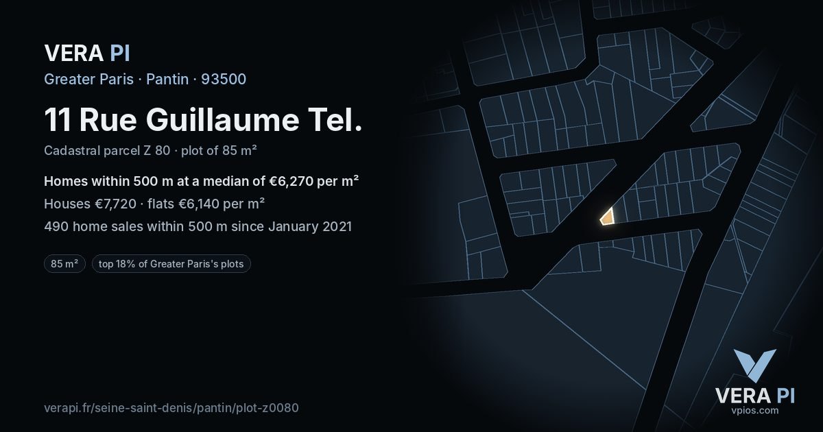 11 Rue Guillaume Tel, Pantin at night – the plot lit, the parcels around coloured by the prices near them
