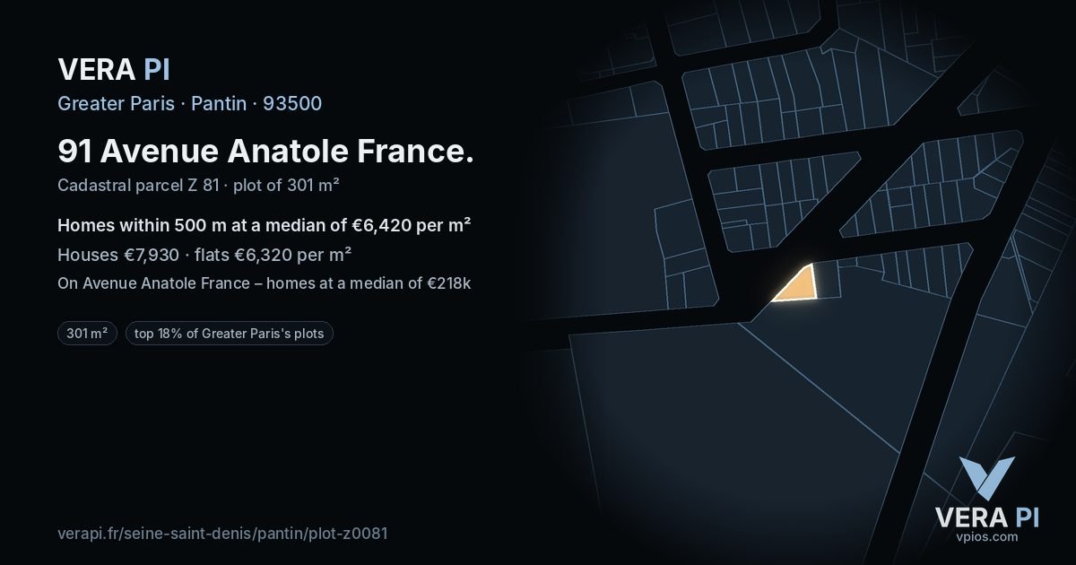 91 Avenue Anatole France, Pantin at night – the plot lit, the parcels around coloured by the prices near them