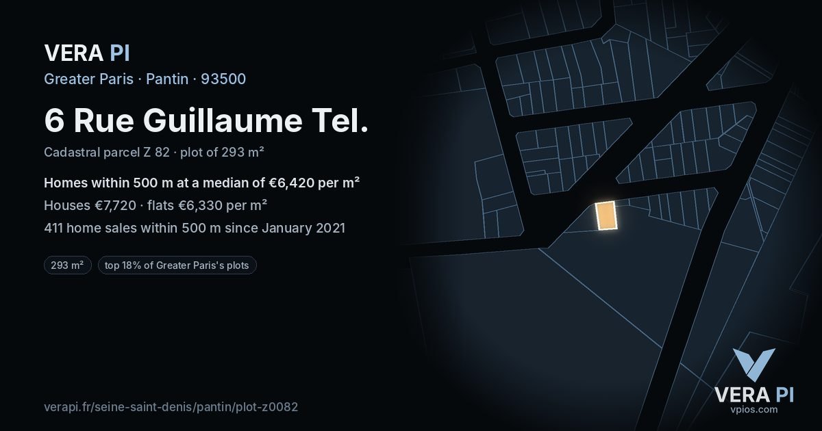 6 Rue Guillaume Tel, Pantin at night – the plot lit, the parcels around coloured by the prices near them