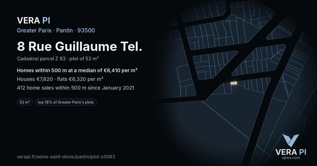 8 Rue Guillaume Tel, Pantin at night – the plot lit, the parcels around coloured by the prices near them