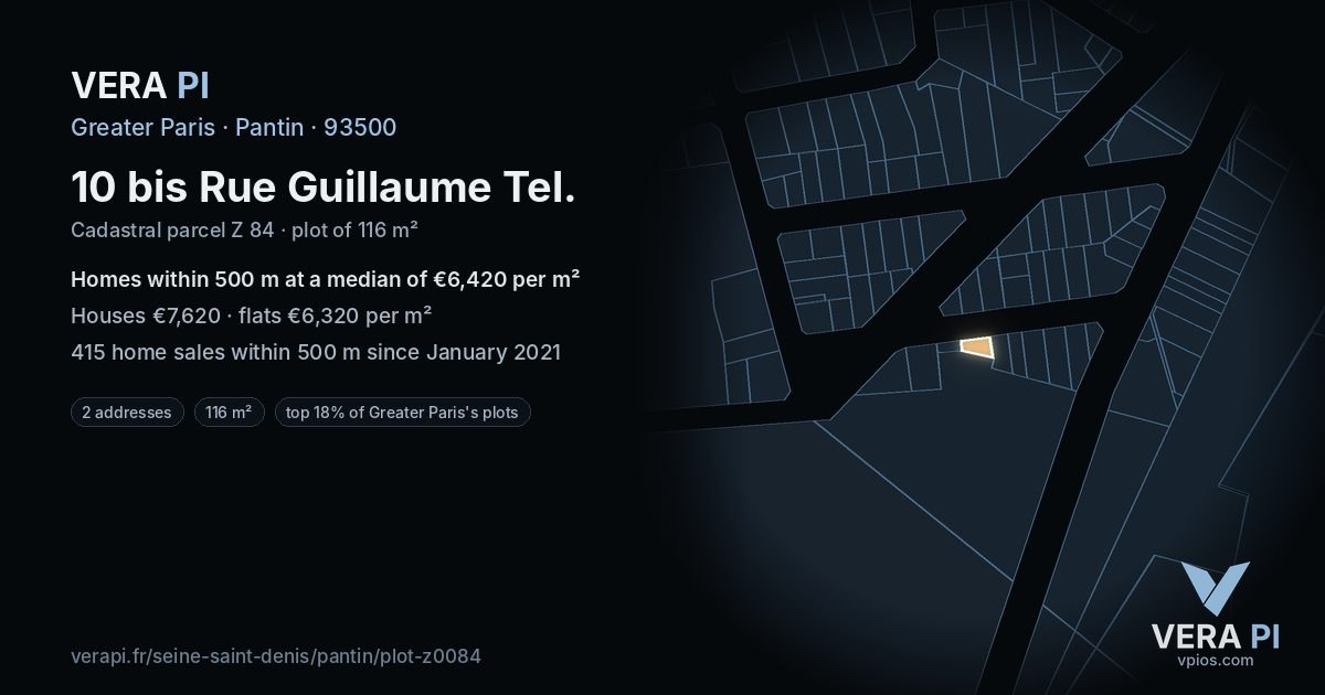 10 bis Rue Guillaume Tel, Pantin at night – the plot lit, the parcels around coloured by the prices near them