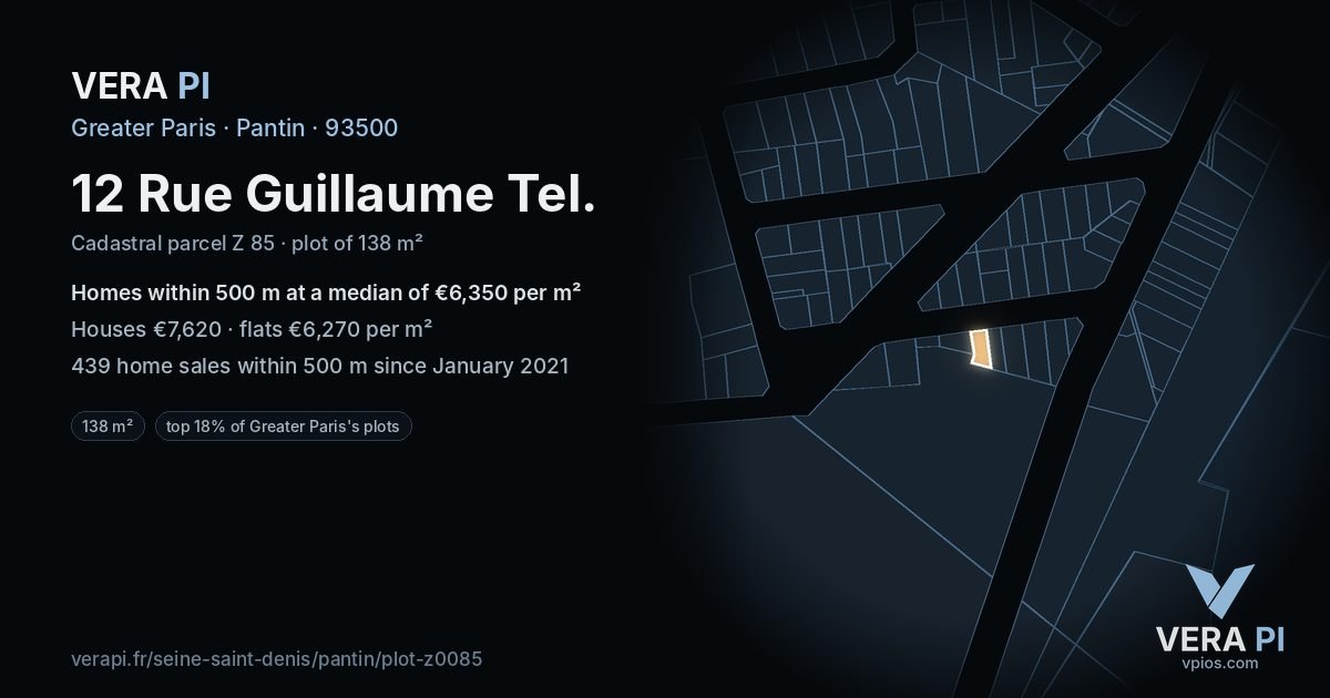 12 Rue Guillaume Tel, Pantin at night – the plot lit, the parcels around coloured by the prices near them