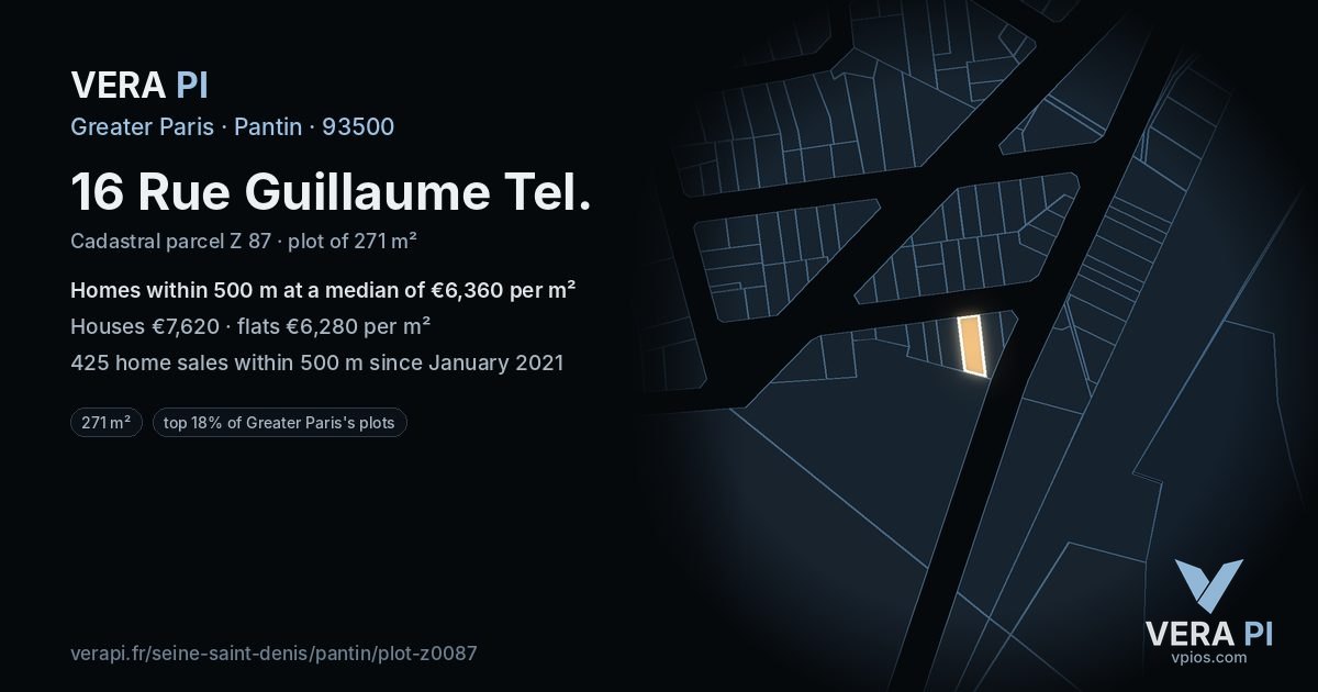 16 Rue Guillaume Tel, Pantin at night – the plot lit, the parcels around coloured by the prices near them