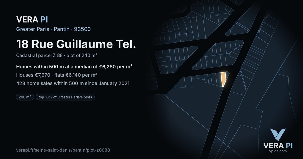 18 Rue Guillaume Tel, Pantin at night – the plot lit, the parcels around coloured by the prices near them