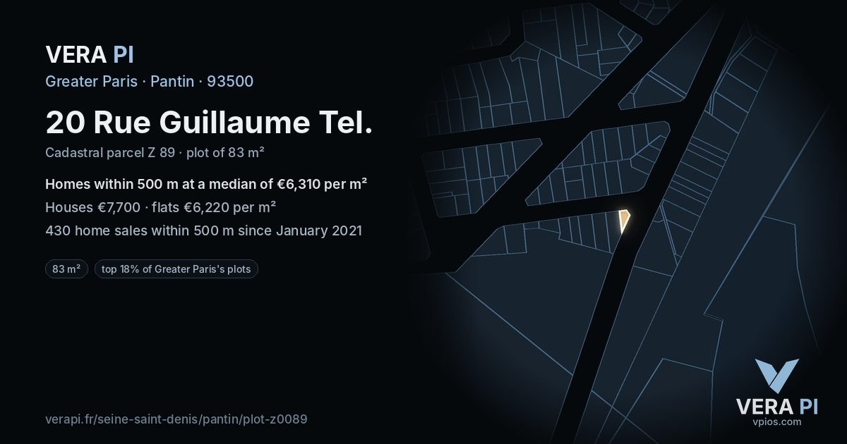 20 Rue Guillaume Tel, Pantin at night – the plot lit, the parcels around coloured by the prices near them