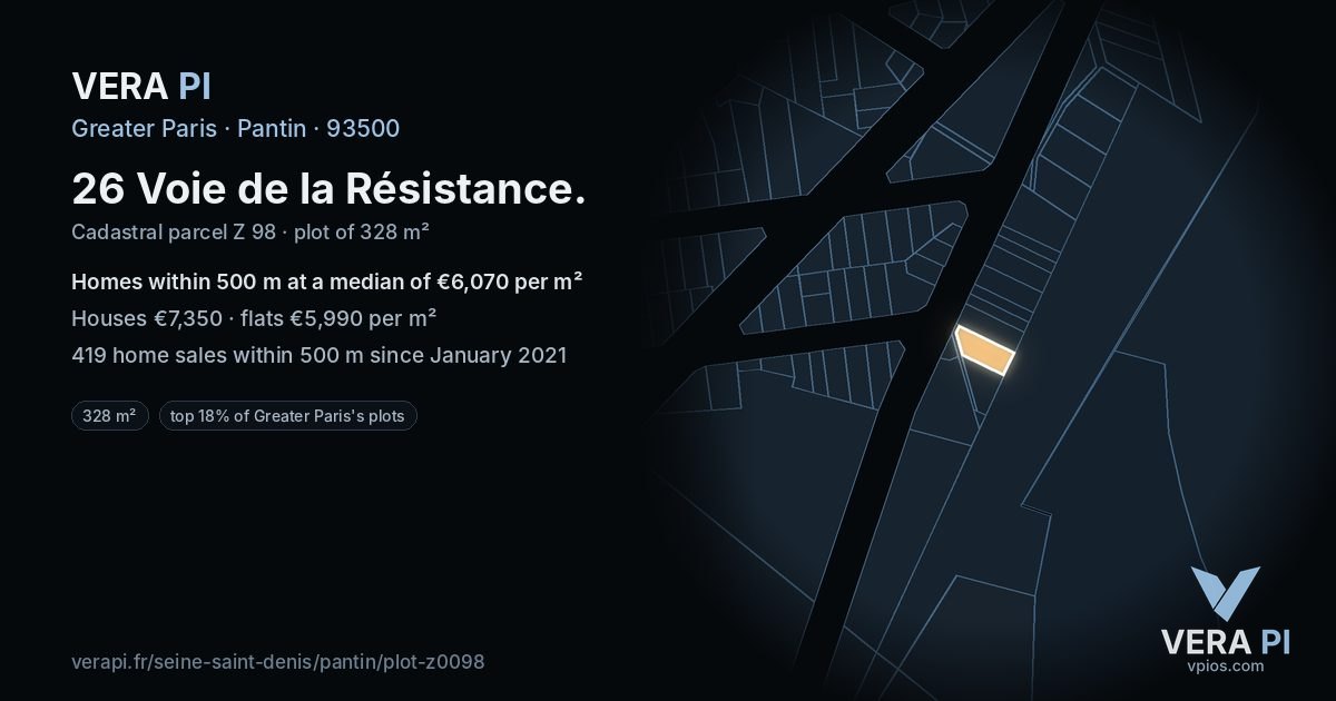 26 Voie de la Résistance, Pantin at night – the plot lit, the parcels around coloured by the prices near them