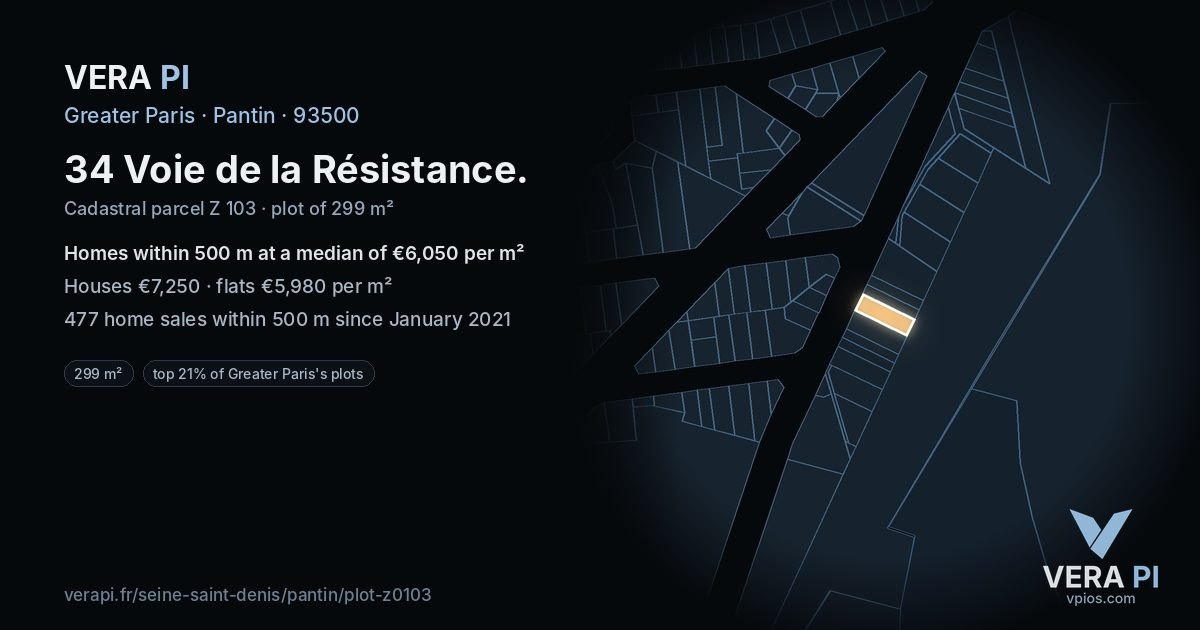 34 Voie de la Résistance, Pantin at night – the plot lit, the parcels around coloured by the prices near them