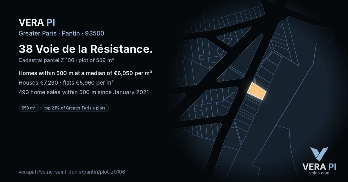 38 Voie de la Résistance, Pantin at night – the plot lit, the parcels around coloured by the prices near them