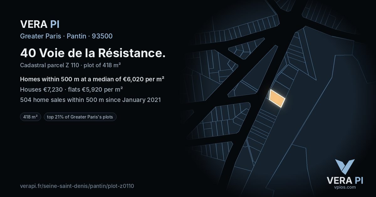 40 Voie de la Résistance, Pantin at night – the plot lit, the parcels around coloured by the prices near them