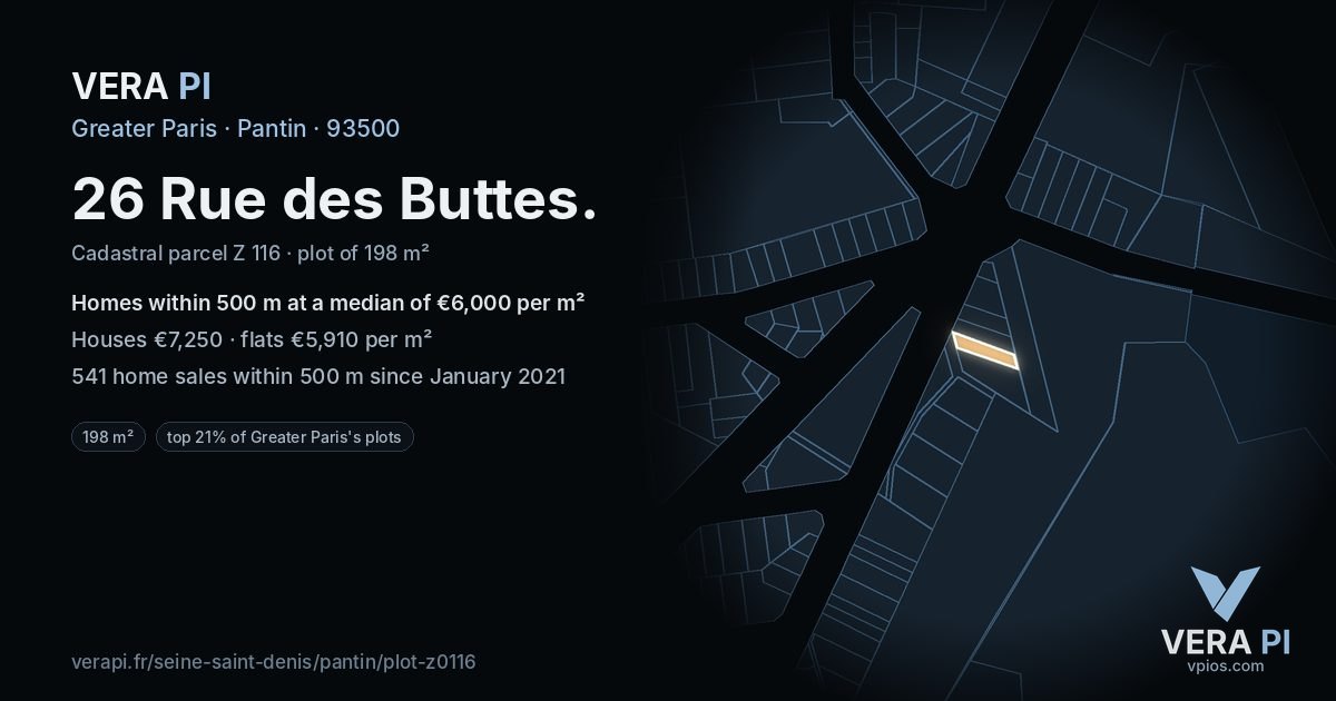 26 Rue des Buttes, Pantin at night – the plot lit, the parcels around coloured by the prices near them