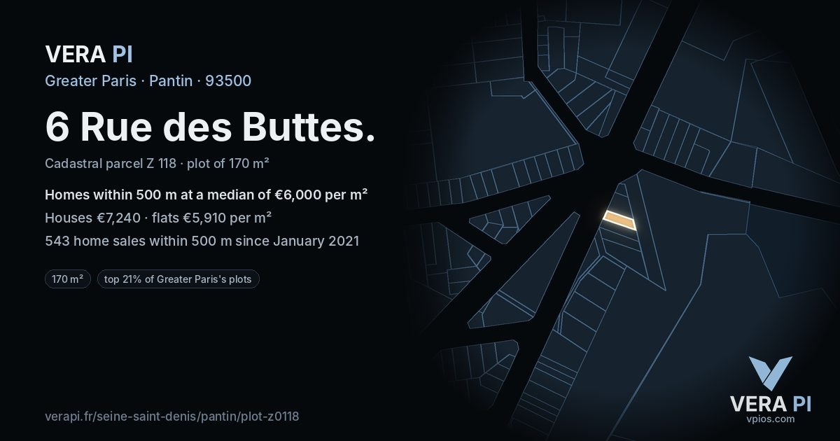 6 Rue des Buttes, Pantin at night – the plot lit, the parcels around coloured by the prices near them