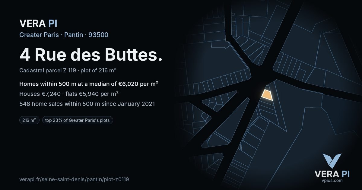 4 Rue des Buttes, Pantin at night – the plot lit, the parcels around coloured by the prices near them