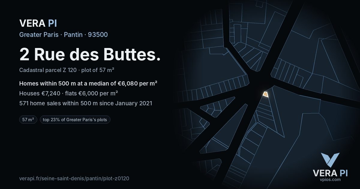 2 Rue des Buttes, Pantin at night – the plot lit, the parcels around coloured by the prices near them