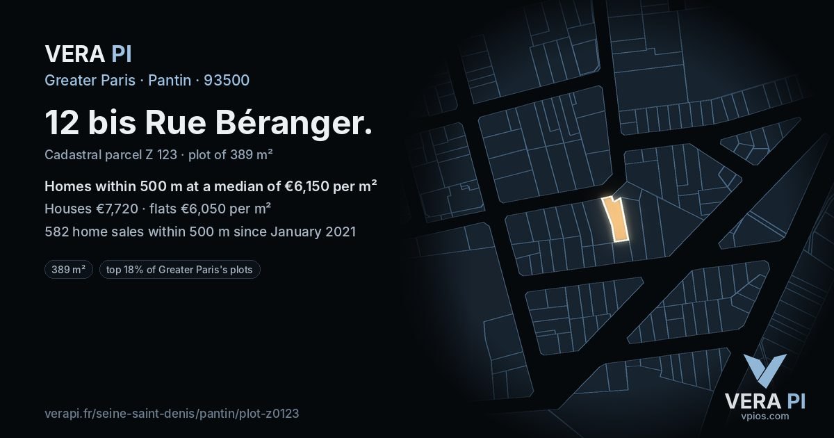 12 bis Rue Béranger, Pantin at night – the plot lit, the parcels around coloured by the prices near them