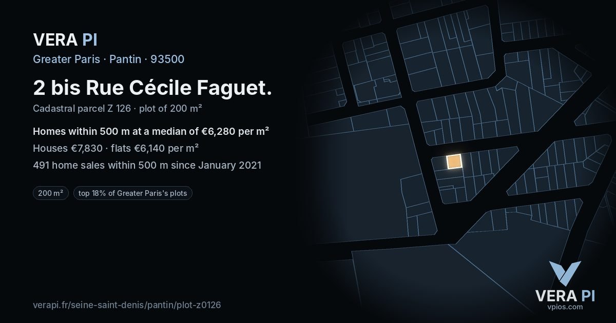 2 bis Rue Cécile Faguet, Pantin at night – the plot lit, the parcels around coloured by the prices near them