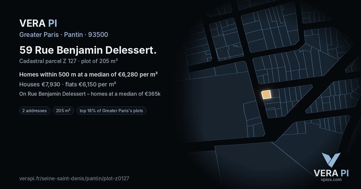 59 Rue Benjamin Delessert, Pantin at night – the plot lit, the parcels around coloured by the prices near them